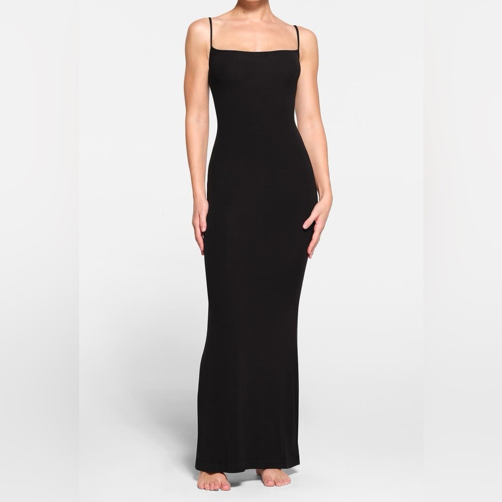 Skims Soft Lounge Long Slipdress Ribbed Maxi Dress in Onyx Black NWT